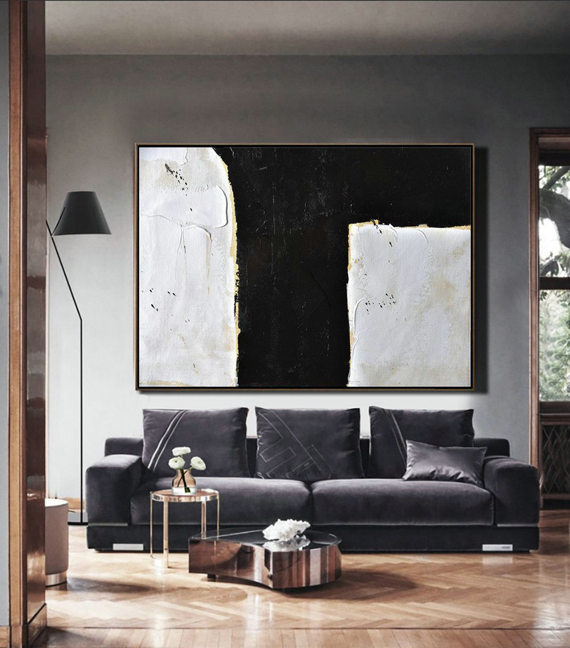 Big Art Canvas,Horizontal Palette Knife Minimal Canvas Art Painting Black White Beige - Hand Painted Aclylic Painting On Canvas